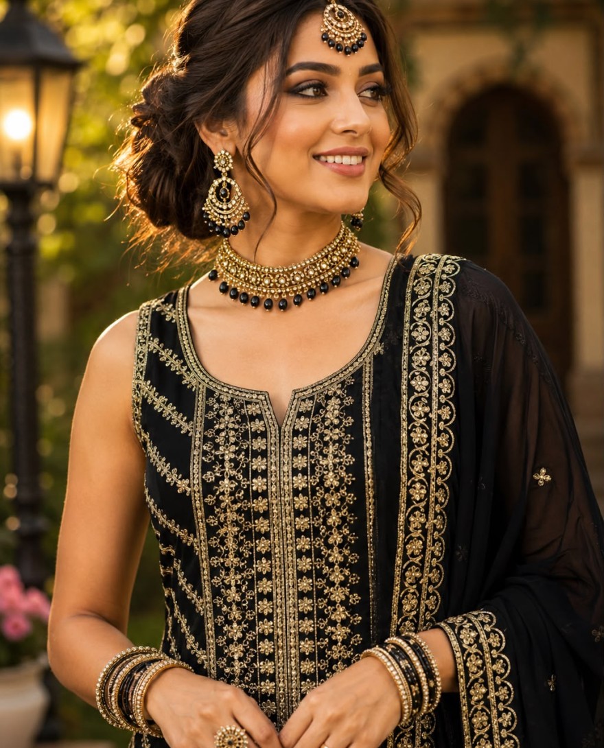 BLACK - Embroidered and Sequins Work Georgette Salwar Suit In Black Colour